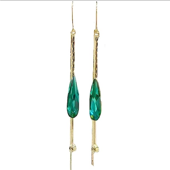 Gold Plated Emerald Tassel Dangle Zircon Earrings - Picture 5 of 5